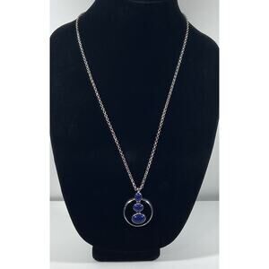 Liz Clairborne Silver Tone Blue Oval Stone Circle Dangle Pendant Necklace